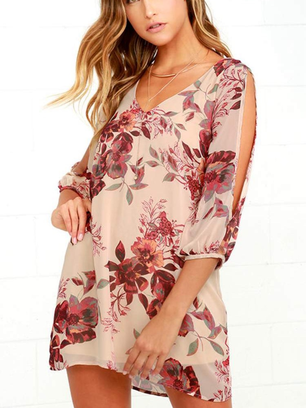 Lulus Shifting Dears Beige Floral Print Cold Shoulder Dress Size XS